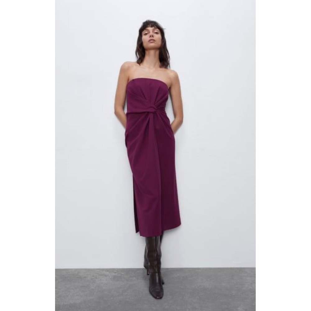 NWT Zara Strapless Twist Front Midi Dress Plum Purple Draped Knot Gown Small